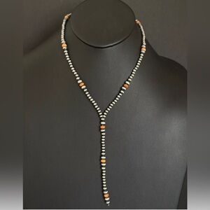 Sterling Silver Orange Spiny Oyster W Pearls Bead Lariat Y Necklace. 26 inch